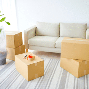 A sofa with packed boxes on rug.
