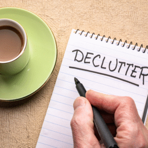 A green cup and saucer filled with coffee and notebook with declutter written on it.