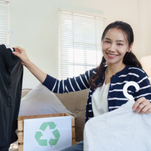 A woman recycling clothes.
