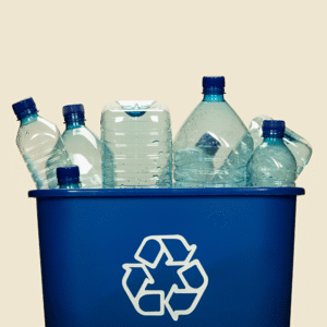 A recycle bin filled with empty plastic water bottles.
