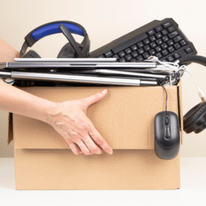 A cardboard box filled with recyclable electronics