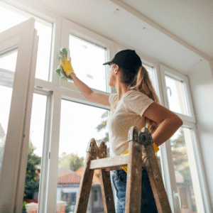 A woman on a ladder cleaning windows.