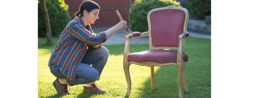 Woman painting a chair outside.