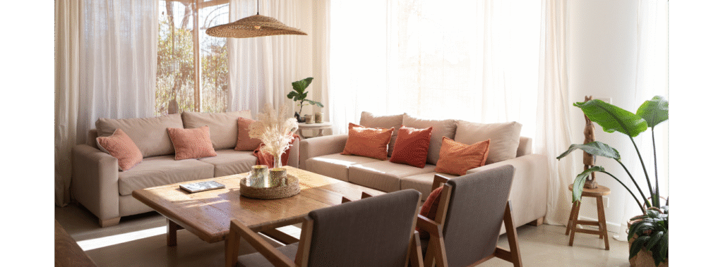 A living room with two sofas and two chairs