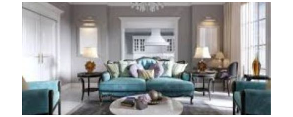 Art Deco living room, blue sofa and round table.