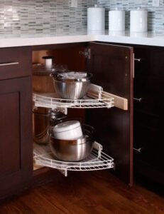 Kitchen cabinets and drawer organization.