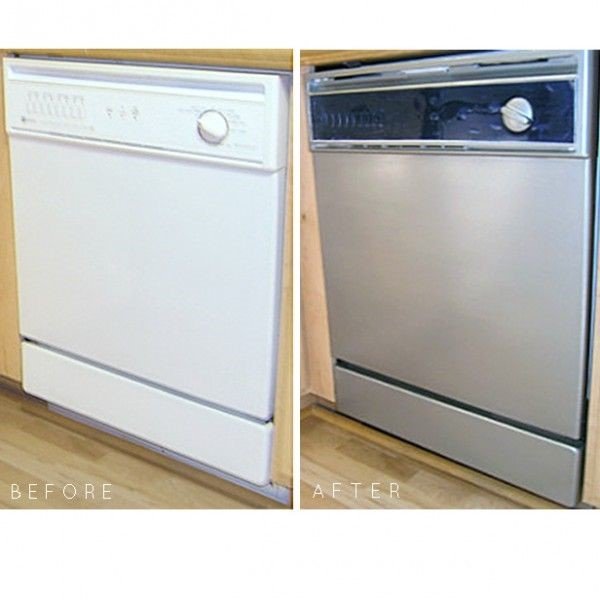 An outdated white dishwasher painted to look like stainless steel.