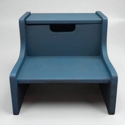 blue wooden step stool with storage