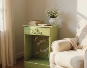 Green end table, part of a chair