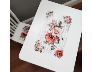 Floral sheet music furniture transfer on desk and chair.