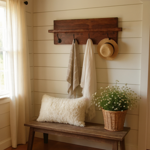 wood shelf with 4 hooks