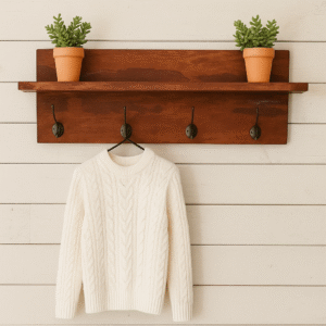 wood shelf with 4 hooks