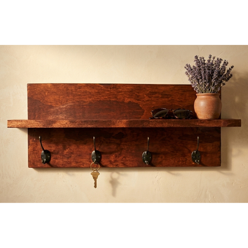 Rustic Farmhouse Entryway Shelf with Hooks | Handmade Wall Organizer