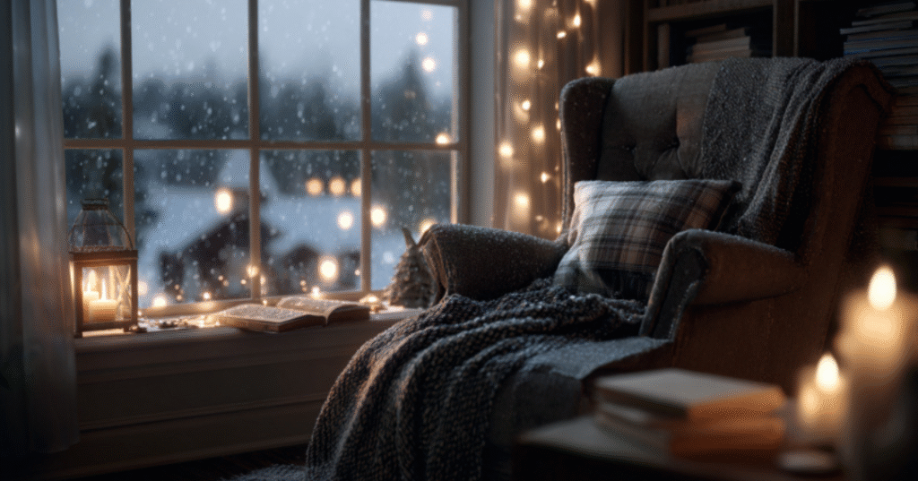 Comfy chair in front of a large window with snow falling.
