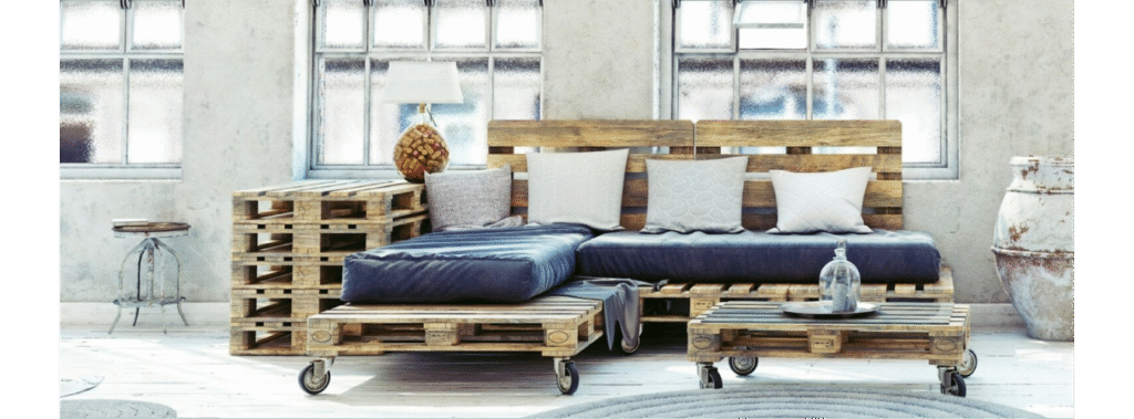 Pallets made into a seating area with wheel.