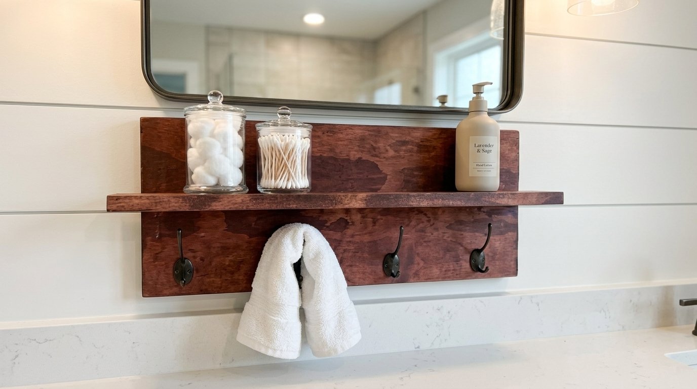 Rustic Farmhouse Entryway Shelf with Hooks | Handmade Wall Organizer - Image 3