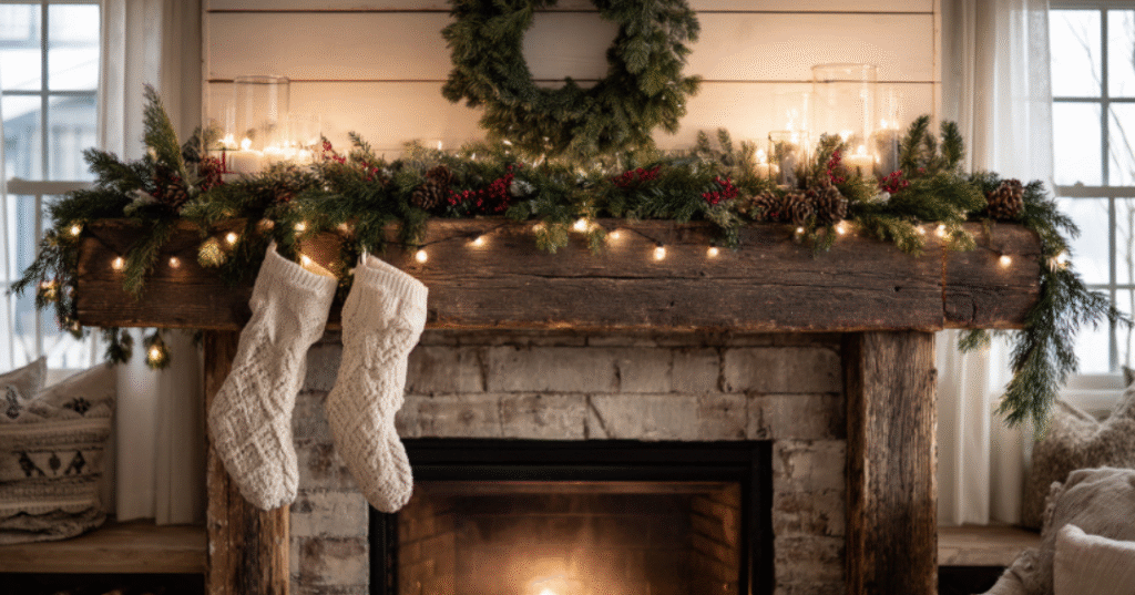 Fireplace, garland, two stockings, wood mantel and wreath.