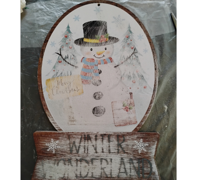 Sanded Christmas snowman wall art.