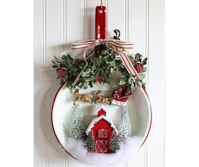 Red pot with a barn house, Santa and sleigh, ribbon and garland
