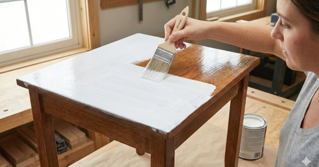 Woman painting a table white.