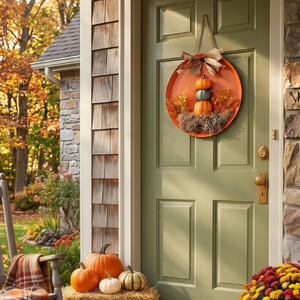 DIY fall pumpkin wall hanging displayed on a sage green front door, featuring stacked mini pumpkins, autumn foliage, moss, and a rustic plaid bow.